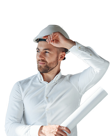 Mann mit weißer Kleidung, Helm und Plan schaut nach links