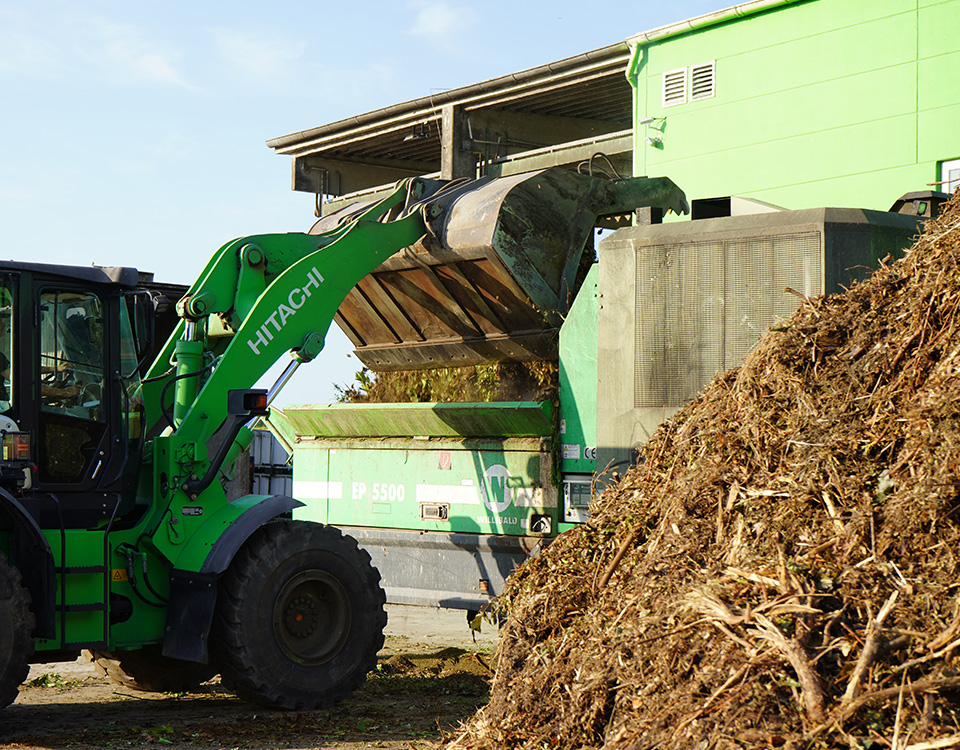 Grüner Bagger kippt Grünabfälle in Siebmaschine